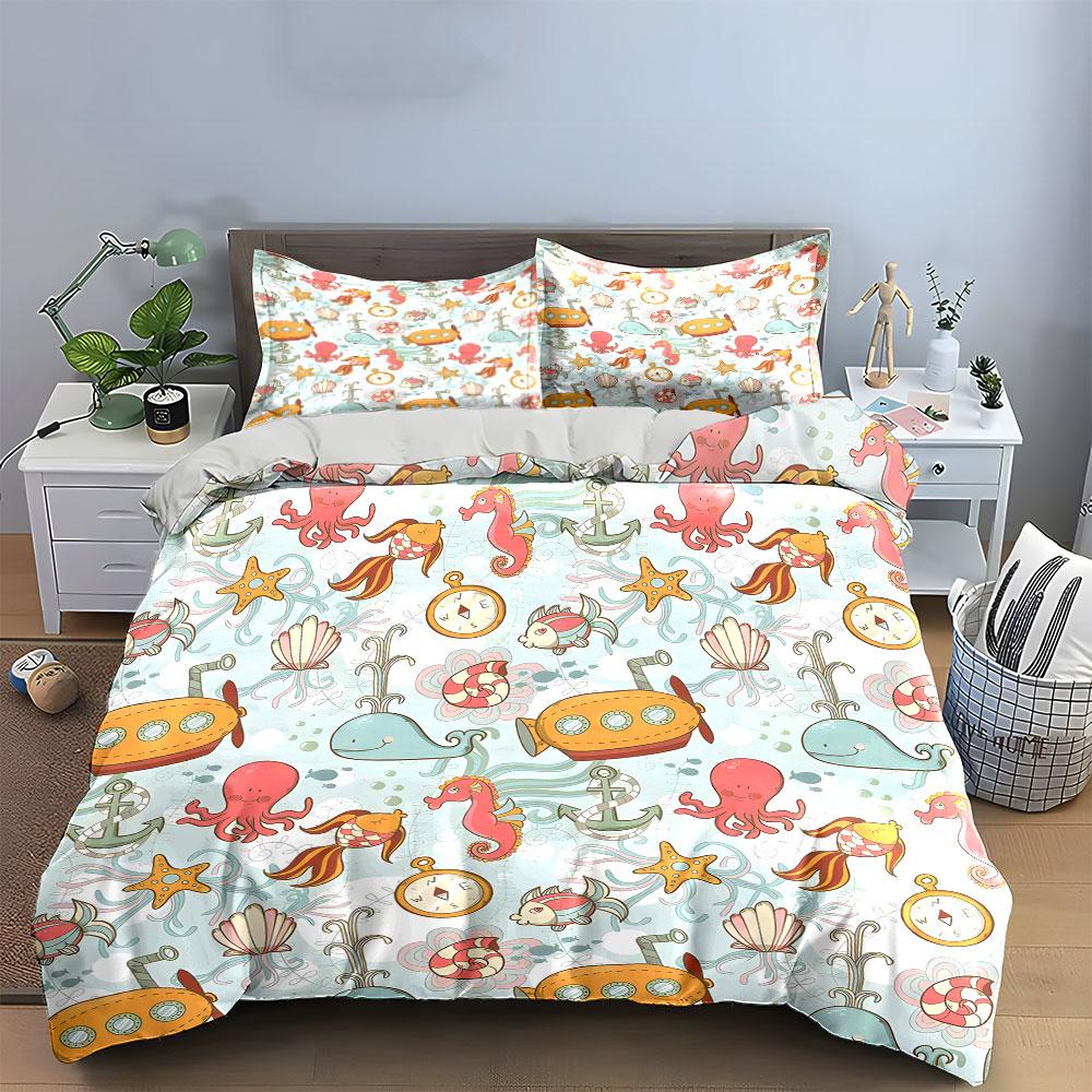 Underwater Cartoon Sea Pattern Bedding Duvet Cover Set  (1*Duvet Cover 2*Pillowcases, without duvet insert)