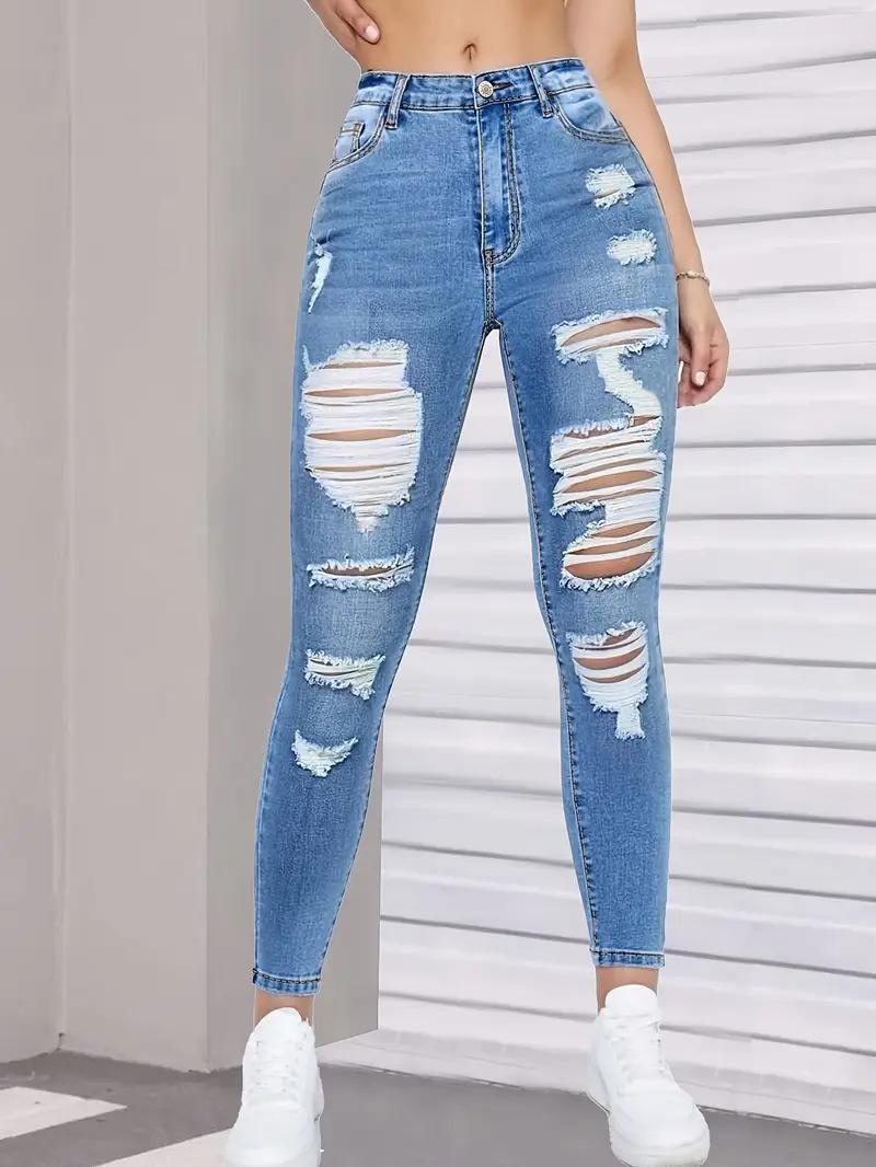 2025 Europe and the United States cross-border foreign trade new fashion high waist hole elastic tight versatile pants denim trousers women S светло-синий