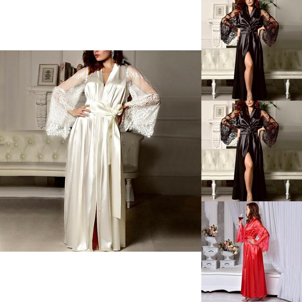 Elegante Camicia da Notte da Donna in Raso di Seta con Pizzo Lingerie Kimono Abbigliamento da Notte Lunga Vestaglia