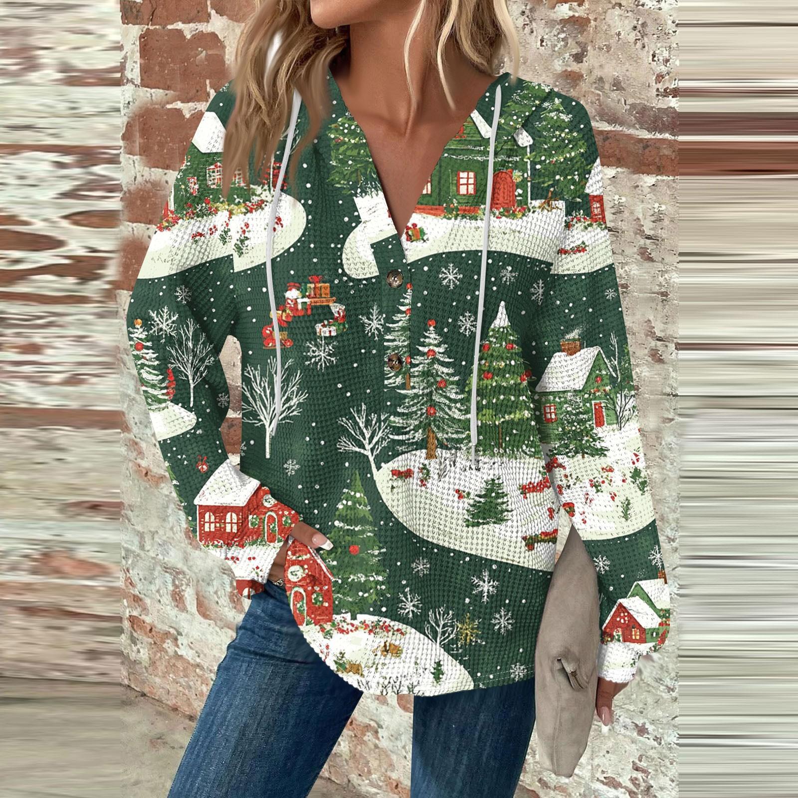Женский повседневный топ с длинными рукавами, пуговицами, V-образным вырезом, рождественским принтом, завязками и капюшоном XXXL