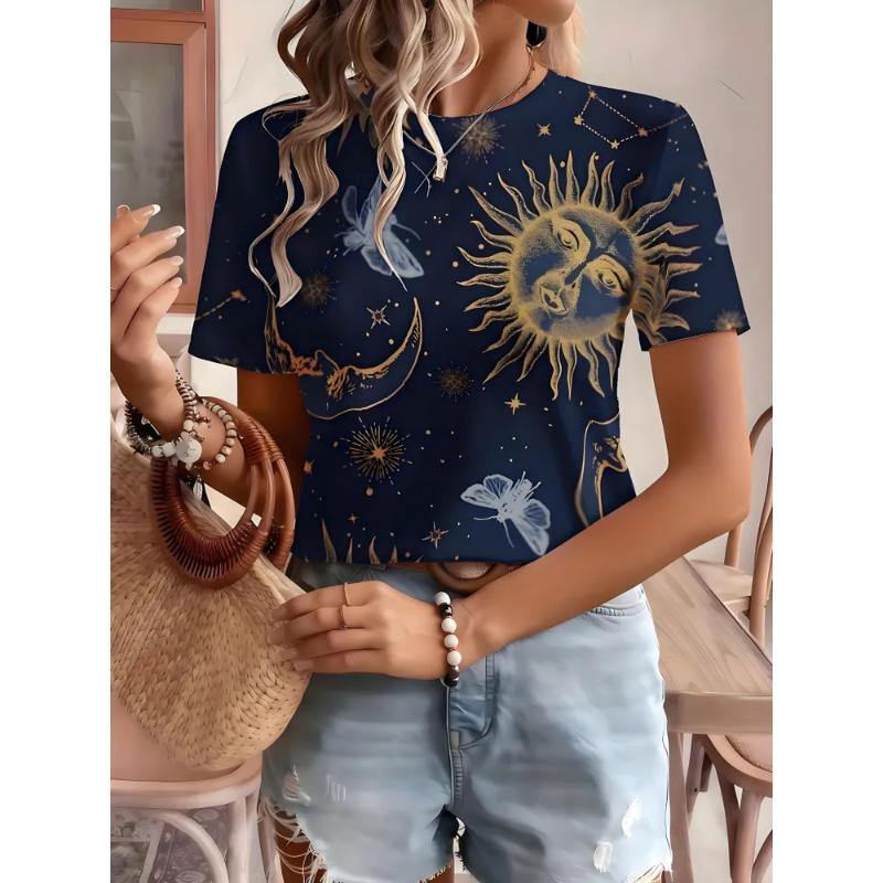 Fashion Women's Crew Neck Short Sleeve 3D Casual Color Printing Casual Short Sleeve Crew Neck T-Shirt