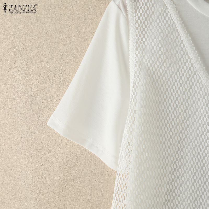 ZANZEA Women Casual Round Neck Loose Patchwork Short Sleeve T-Shirts