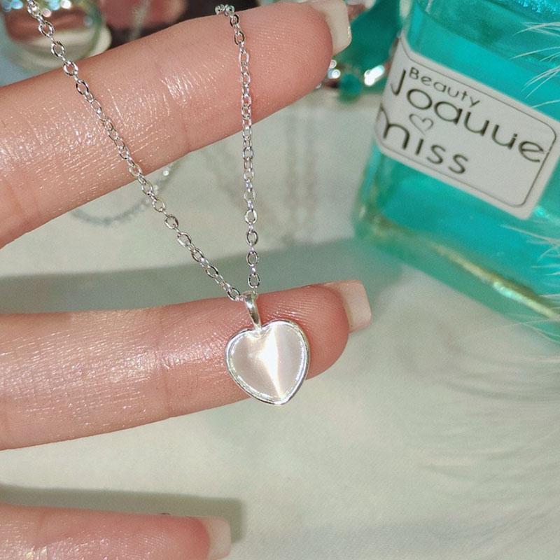 925 Silver Pink Cat Eye Stone Love Necklace For Women Sweet And Cute Heart-Shaped Collarbone Chain Wedding Jewelry