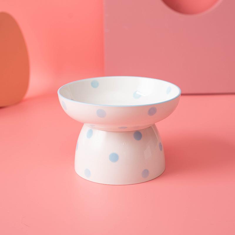 Ceramic Tall Footed Drinking Water Bowls, Anti Overturning Oblique Mouth, Neck Protection, Round Dot Cat Bowl, Pet Articles, 1Pc