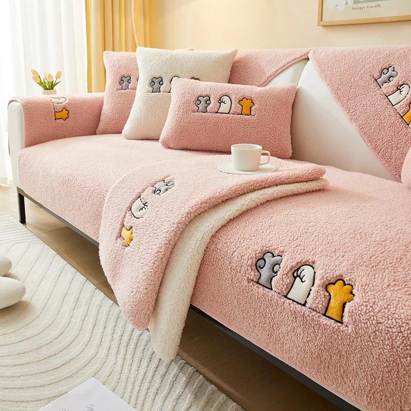 Winter Lamb Wool Sofa Towel Thicken Warm Plush Soft Smooth Sofa Mat Covers for Living Room Solid Color Anti-slip Couch Cover