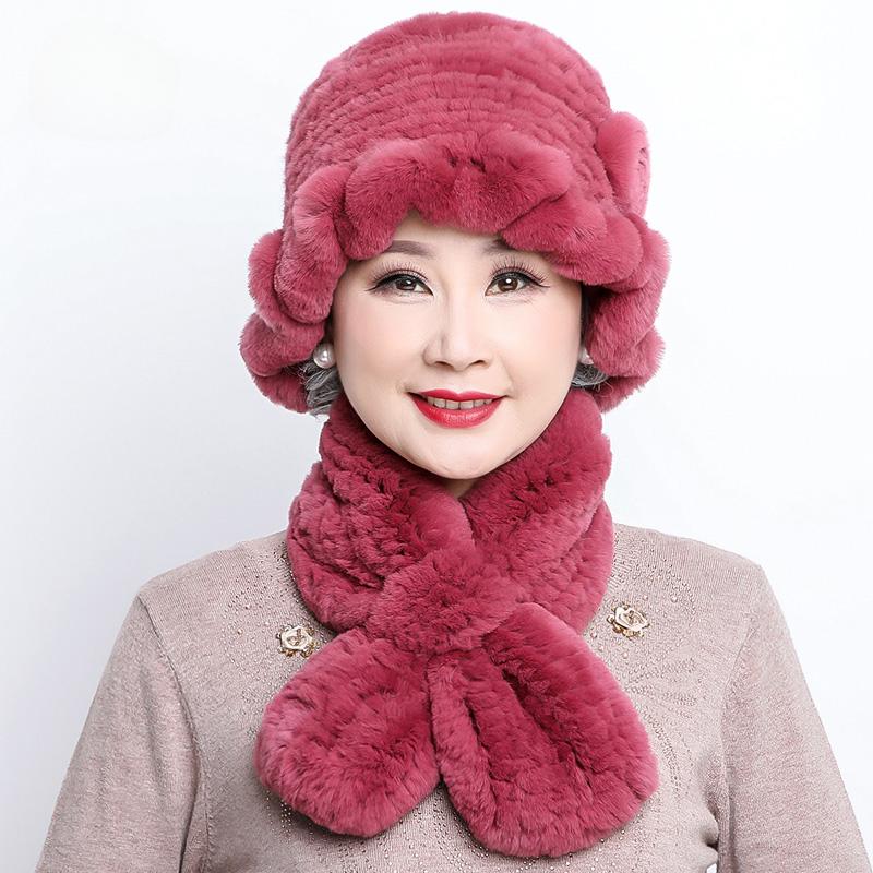 Rex Rabbit Hair Hat Children's New Mother Hat Winter Warm Korean Version Grandma Hat Scarf Middle and Old Age Hat Scarf