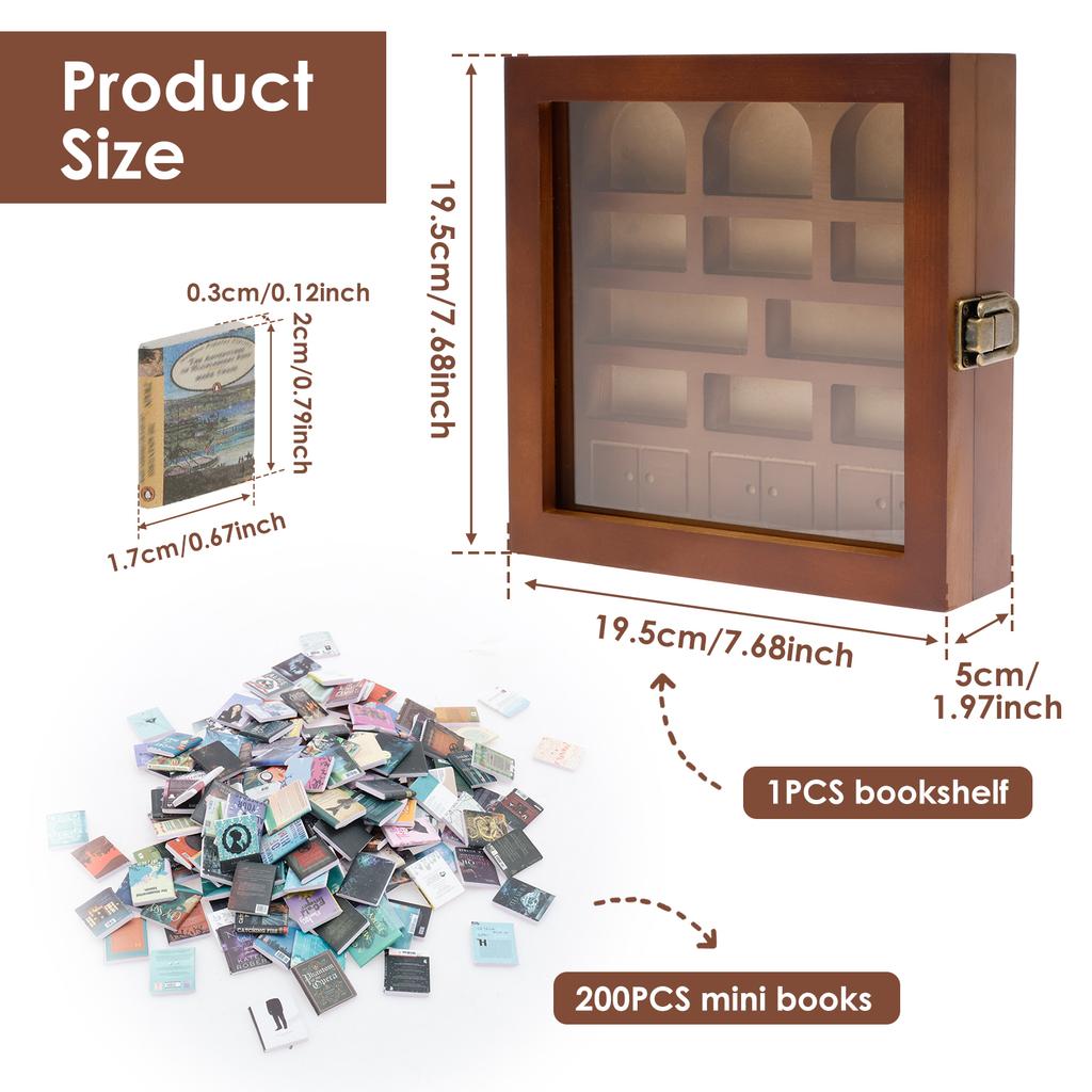 Hölzernes lustiges Mini-Bücherregal Mini-Bibliothek Schreibtischdekoration mit 200 Mini-Büchern geeignet für Schlafzimmer- und Bürodekoration