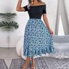 Summer Women Off Shoulder Floral Ruffled Medium Long Dress Spring