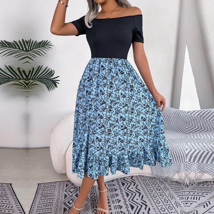 Summer Women Off Shoulder Floral Ruffled Medium Long Dress Spring