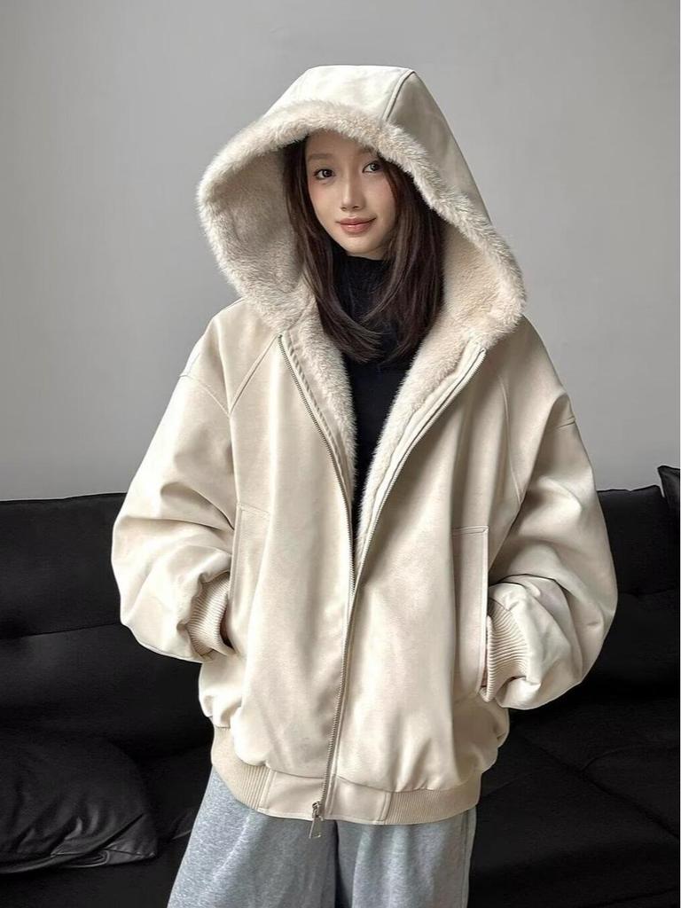 Unisex American-Style Hooded Leather & Cotton Jacket with Fur Collar - Thick, Warm, Winter Coat