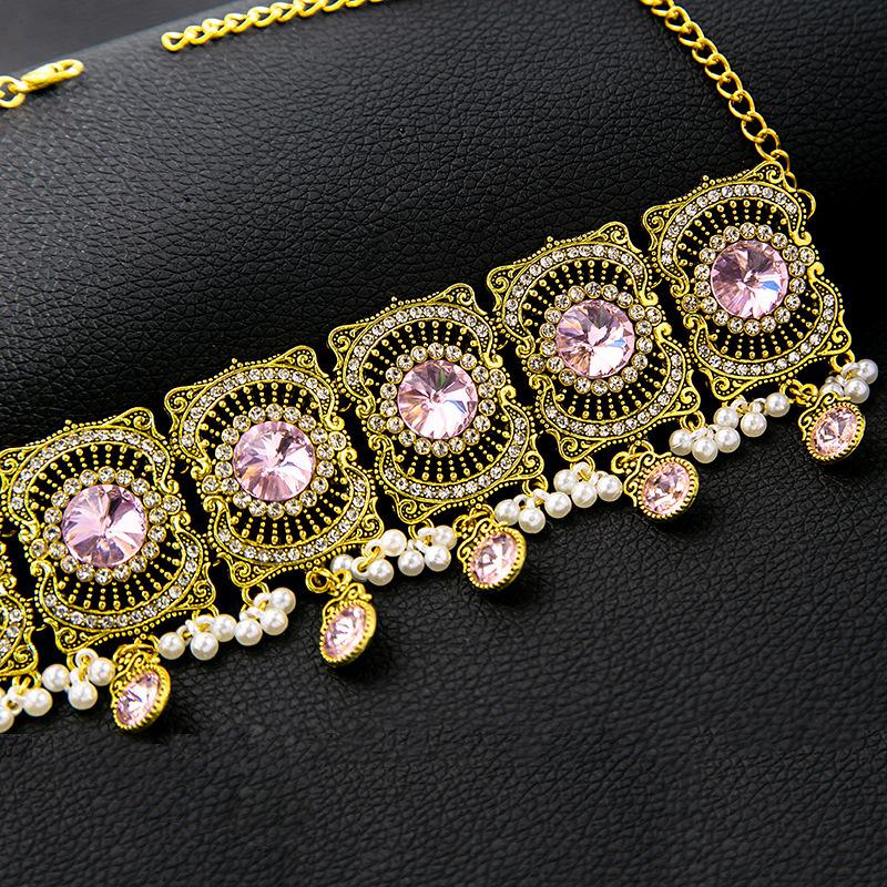 Retro Gemstone Necklace Ring Set, Metal Wind Gold Diamond Fringed Chain Exaggerated Temperament Accessories