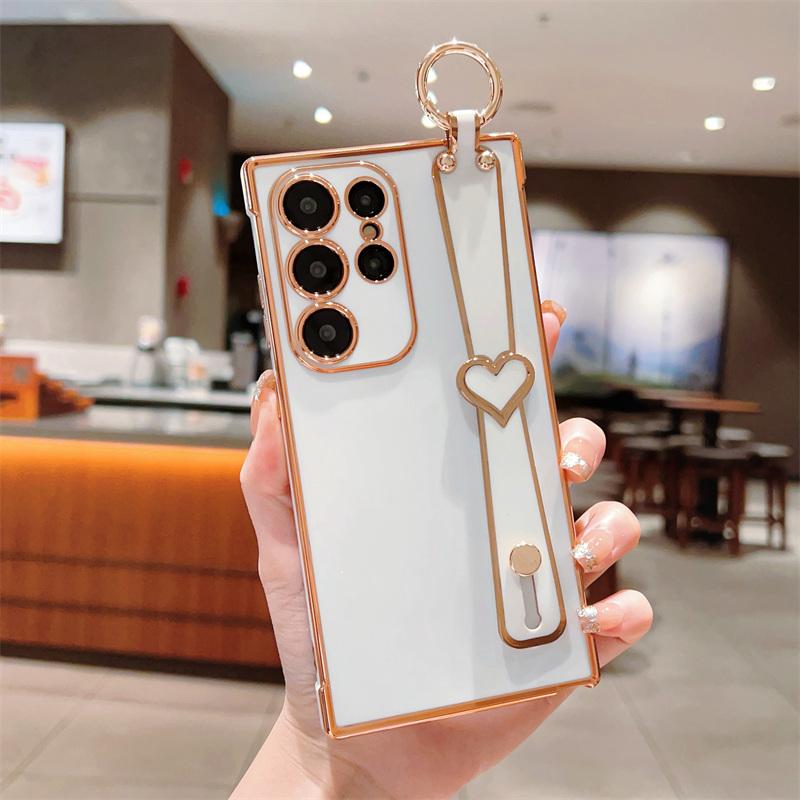 Electroplated TPU Wrist Strap Holder Back Case For Samsung Galaxy S25 S24 S23 S22 S21 Ultra + S20 FE Lens Protection Cover