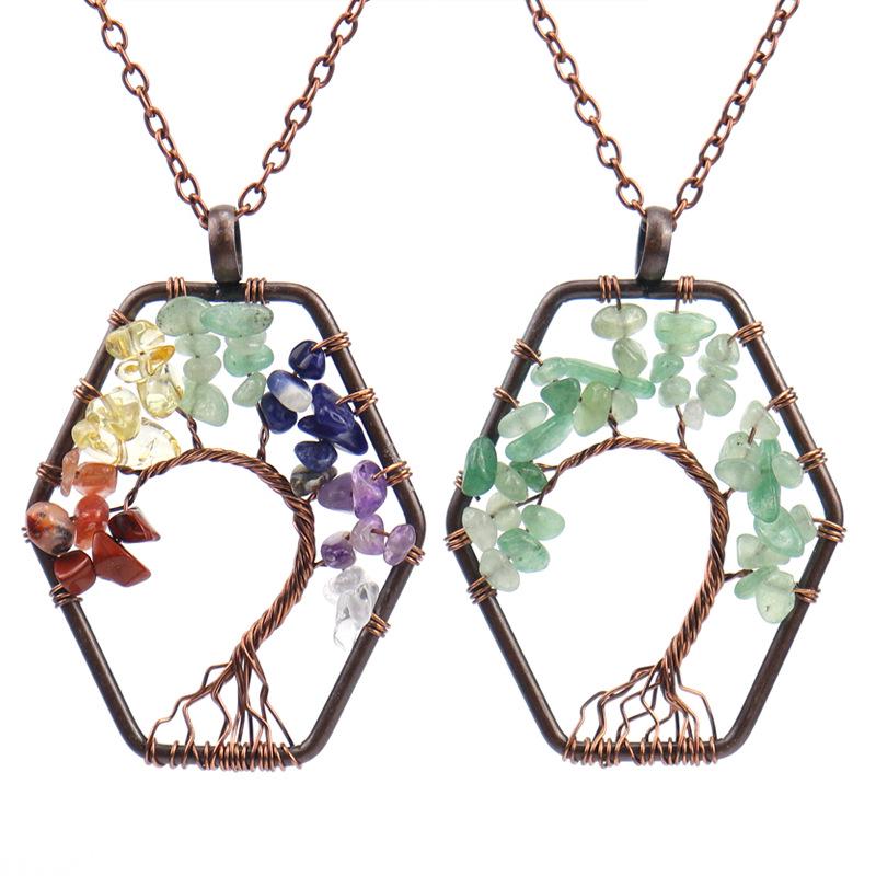 Handmade Hexagonal Tree of Life Necklace with Crushed Stone Crystals N16