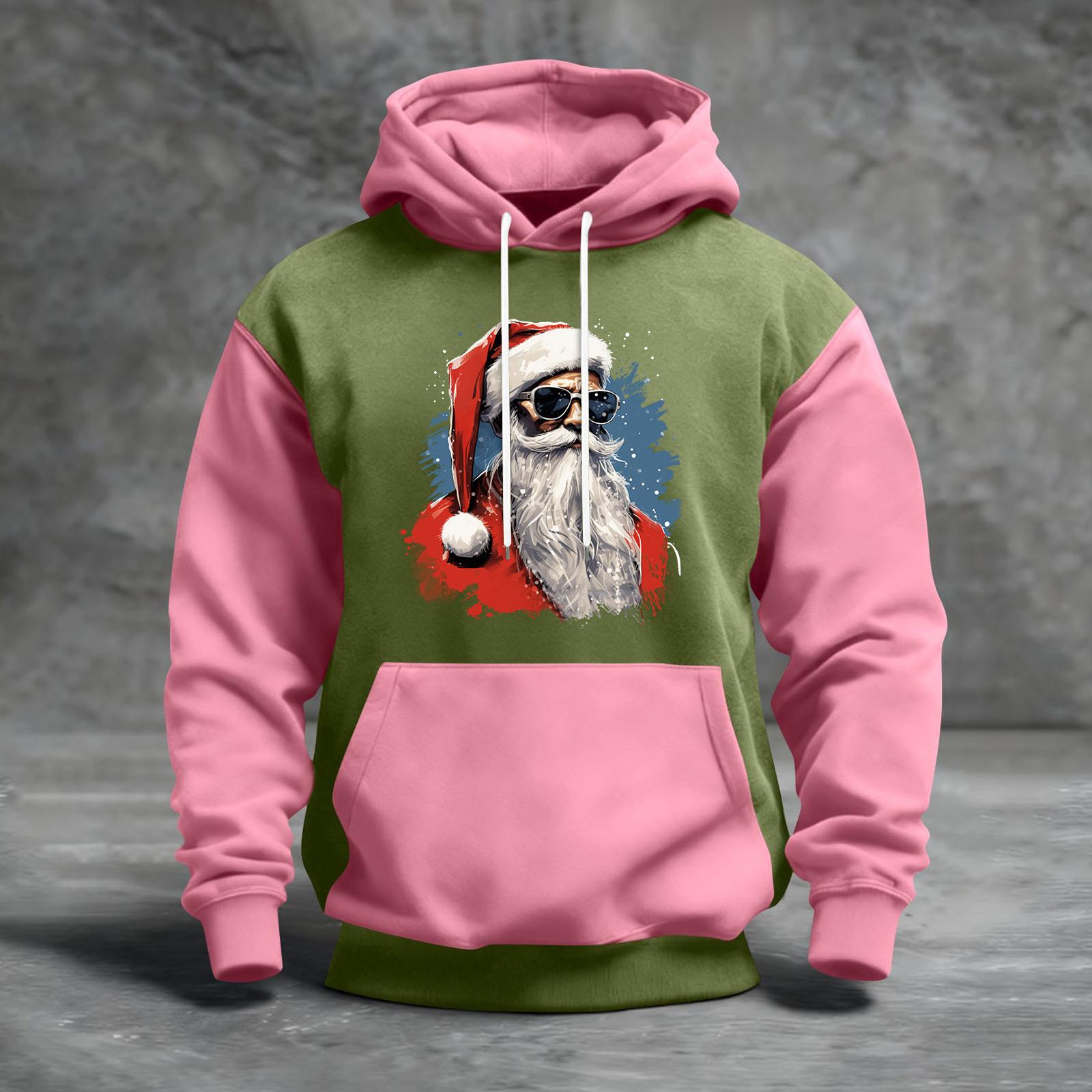 

Мужской рождественский свитшот с капюшоном, повседневный, спортивный, удобный, с цветными блоками и принтом XXXL розовый