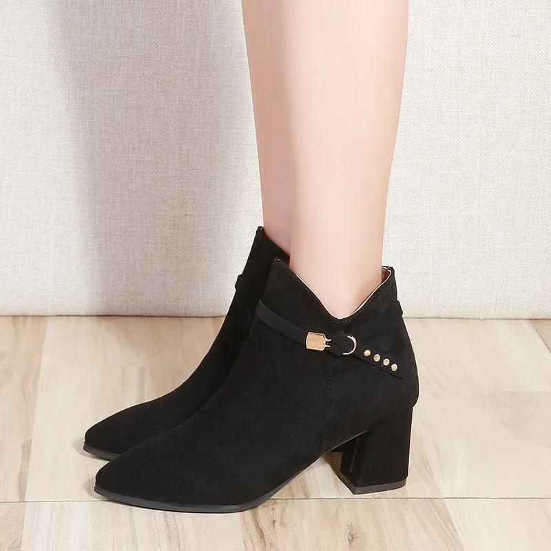Women Boots Casual Leather Low High Heels Spring Shoes Woman Pointed Toe Rubber Ankle Boots Black Red Zapatos Mujer452