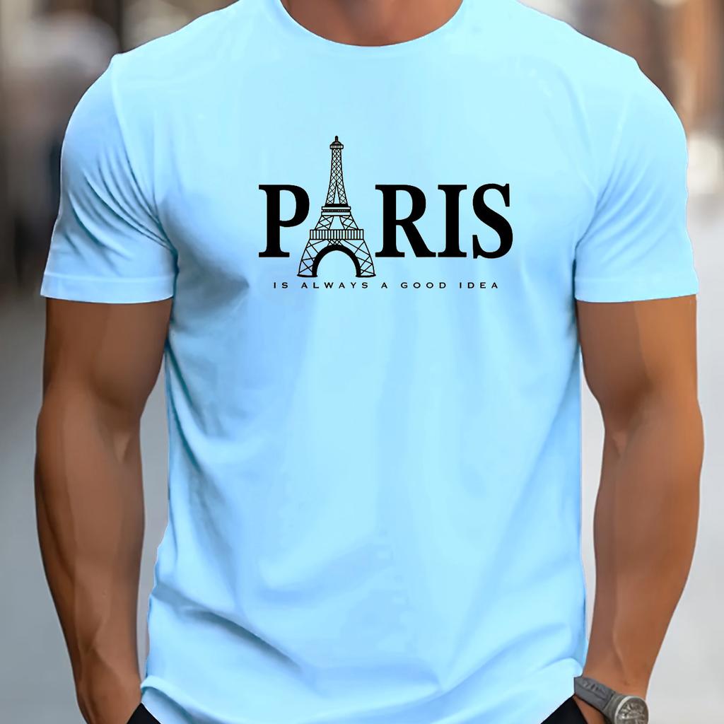Summer Loose Size PARIS Letter Print T-shirt Casual and Comfortable Round Neck Short Sleeve T-shirt Men's Cotton Short Sleeve