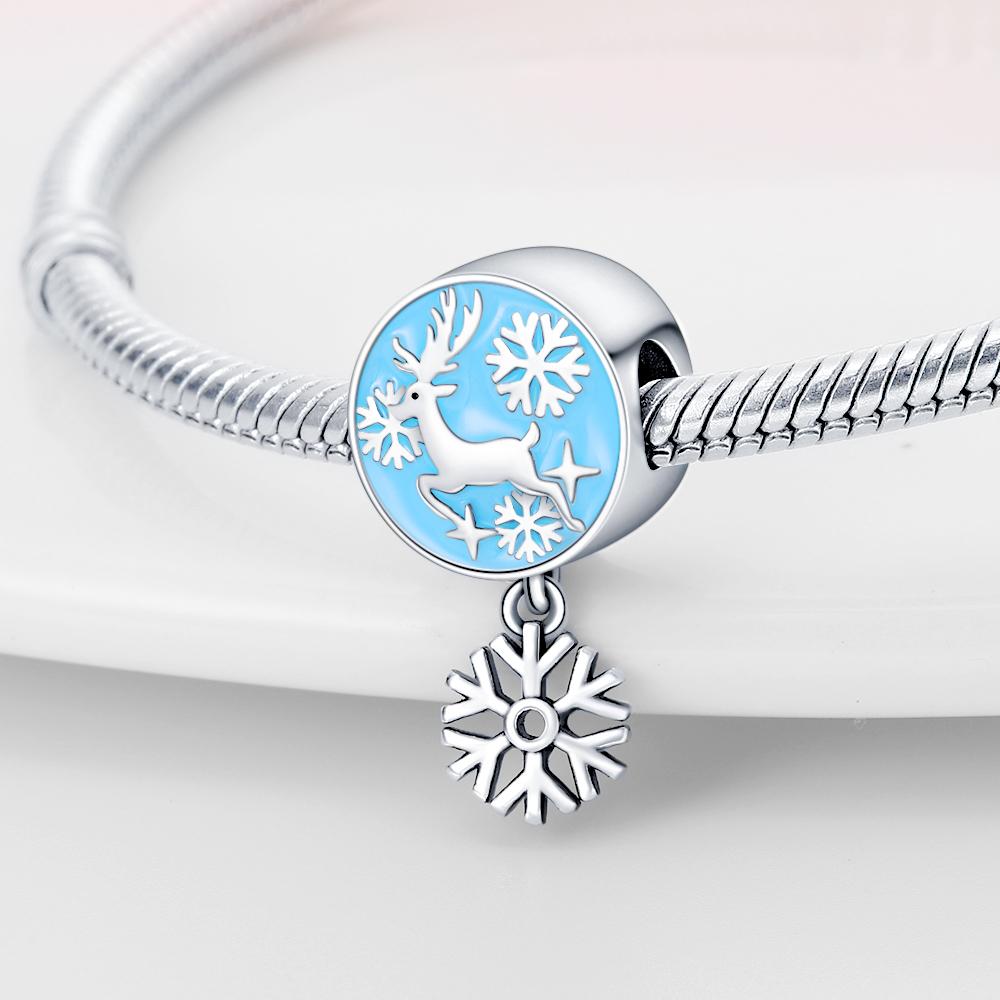 Original Charms Kupferbeschichtet Weihnachten Rund Schnee Rentier Perlen Passend für Armband Damen Schmuckherstellung DIY Geschenk
