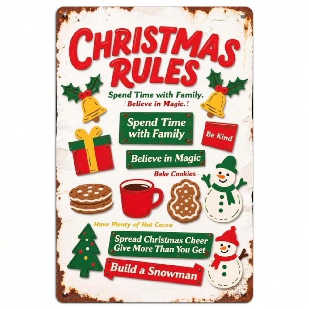 Vintage Christmas Rules Metal Tin Sign Holiday Home Wall Decor