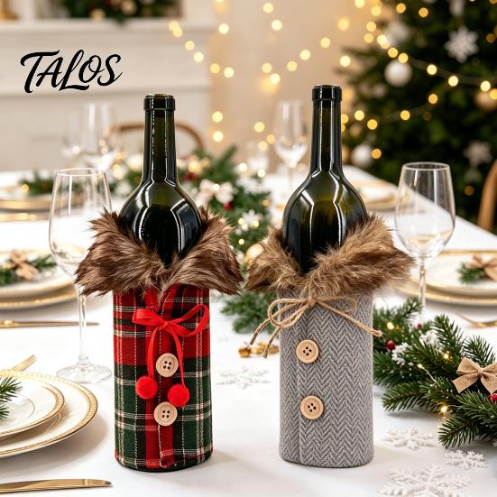 Reusable Wine Bottle Decorations Christmas Sweater Cover, Faux Fur Collar And Button Covers Coat Design Plaid Clothes for Party Decoration Holiday