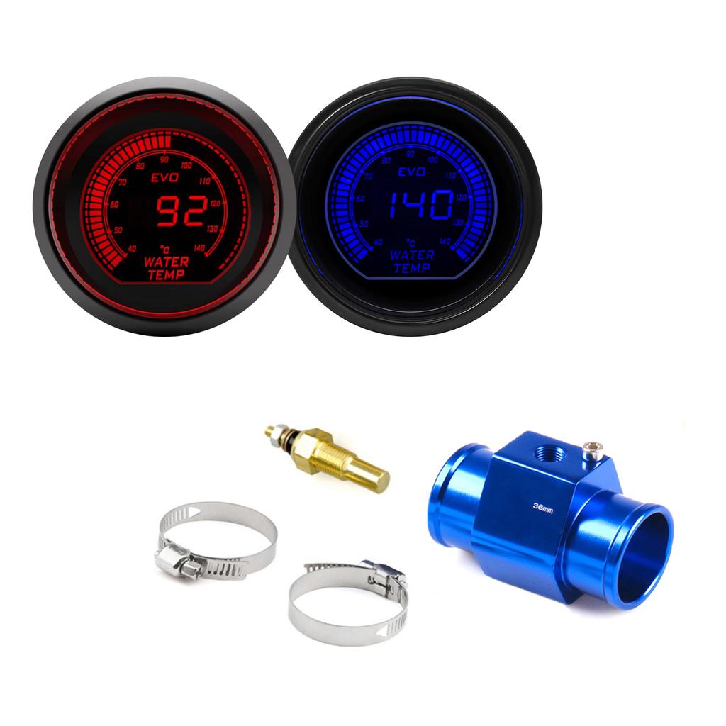 52mm Auto Wassertemperaturanzeige LCD 40~140 ℃ Rote Blaue Hintergrundbeleuchtung Mit Wassertemperatursensor Wassertemperatur-Verbindungsrohr Sensoradapter