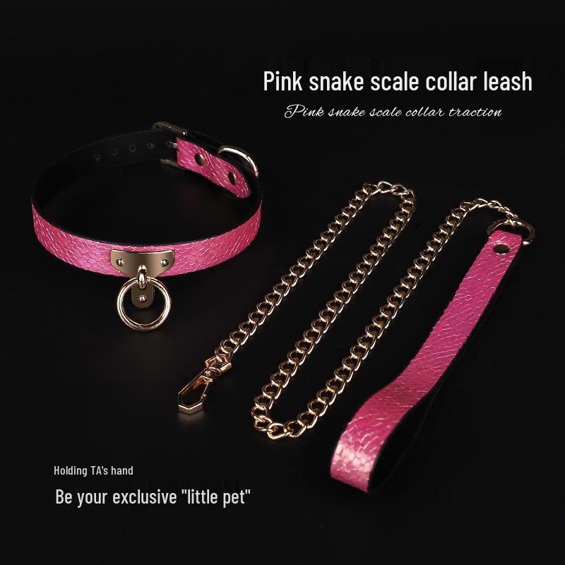 Gradient Snake Skin Leather Collar & Chain Leash - Unisex SM Erotic Toy for Training & Punishment