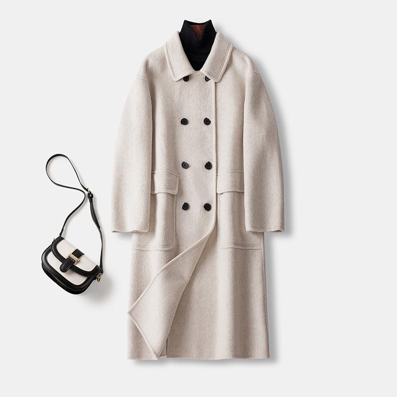 8803 New High-end Hand-sewn Silhouette Loose Double-sided Cashmere Coat Women's Camel Wool Thickened Wool Coat