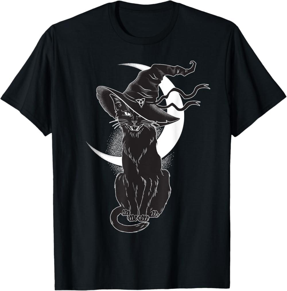NEW LIMITED Vintage Scary Halloween Black Cat Costume Witch Hat & Moon T-Shirt S