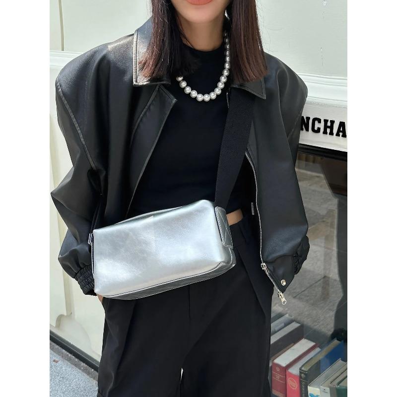 Korean-Style Women's Genuine Leather Crossbody Bag with Wide Strap - Streetwear Shoulder Bag 2026 Summer Square Pillow Bag