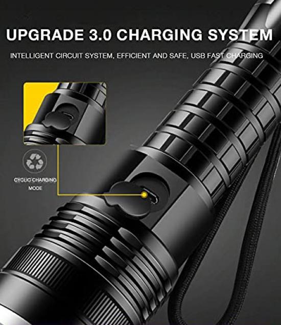 Powerful 5000 Lumens XHP70 LED USB Waterproof and Zoomable Torch Light for Outdoor Emergency Use Flashlight, Rechargeable, Camping,