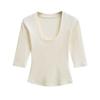 Women's Spicy Girl Deep U-Neck Sexy T-Shirt: Summer Slim-Fit, Elastic Mid-Sleeve, Pure Desire Top