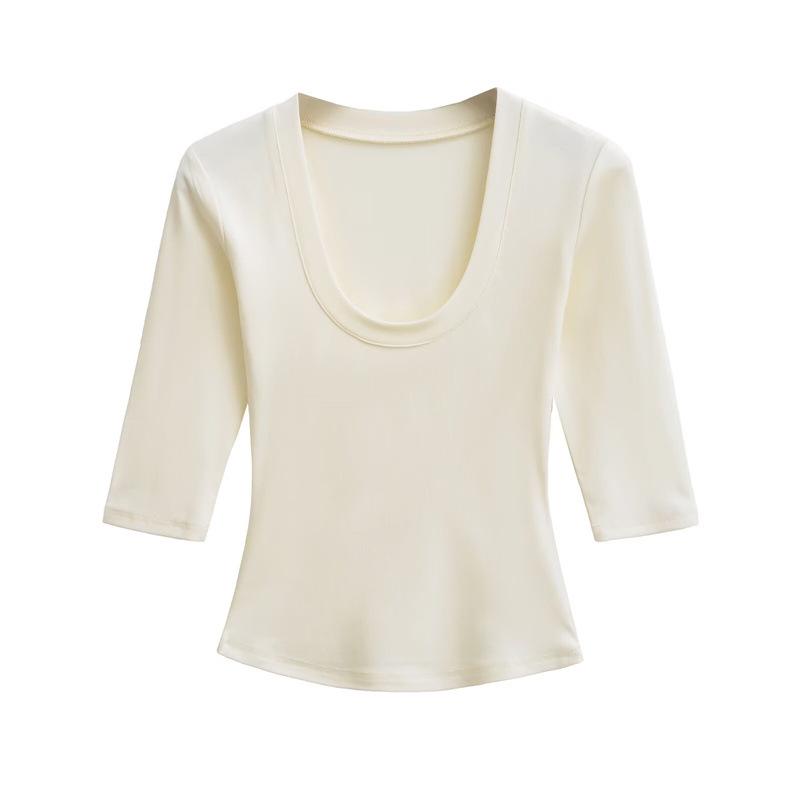Women's Spicy Girl Deep U-Neck Sexy T-Shirt: Summer Slim-Fit, Elastic Mid-Sleeve, Pure Desire Top