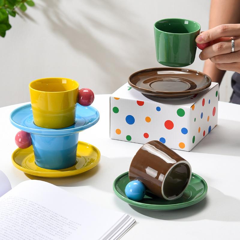 Contrast Colored Meatball Cups and Saucer Set Ceramic Cup Exquisite Coffee Cup Underglaze Colored Water Cup Super Cute Cup