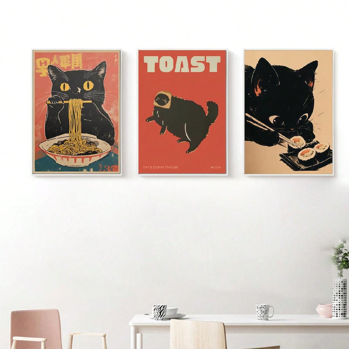 Poster Funny Cute Kitten Eating Toast Illustration Vintage Japanese Home Decor Wall Art Cat Ramen Sushi 21X30CMNo Framed
