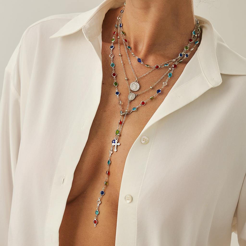 Light Luxury Colored Crystal Chain Stacked Long Necklace, Diamond-Encrusted Cross Pendant Collarbone Necklace