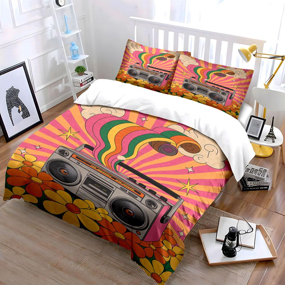 Boombox, Flowers, Stars, Rainbow. Bedding Sets Duvet Cover Sets Duvet Covers Pillowcases(1 * Duvet Cover 2 * Pillowcases, Without Duvet Insert)