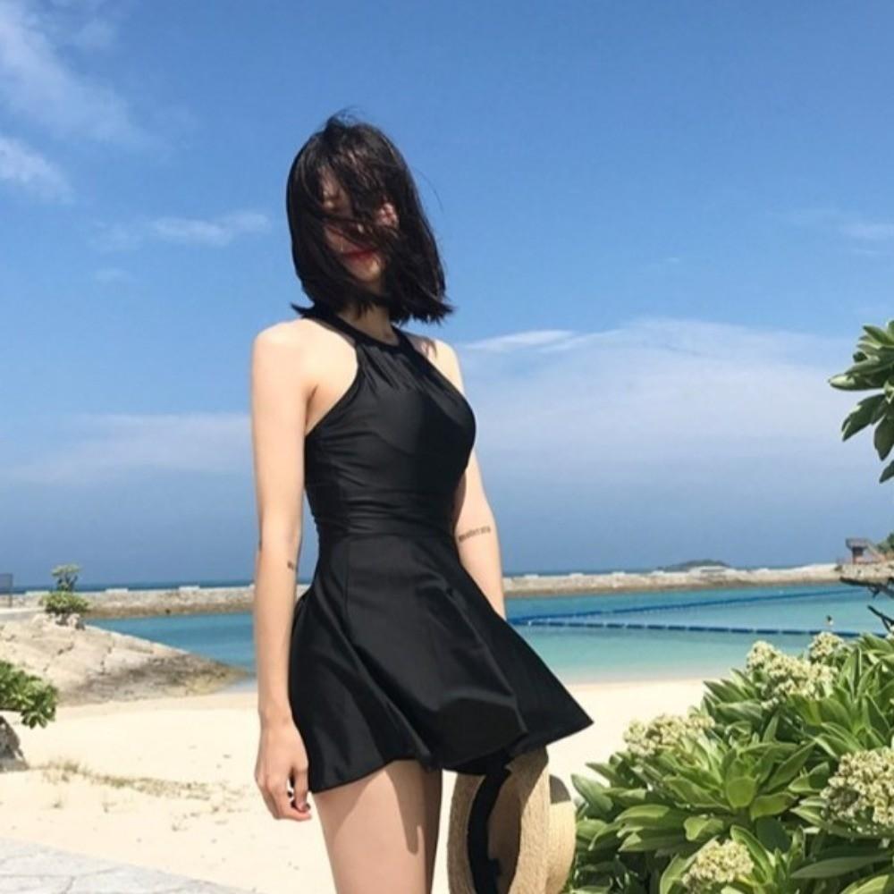 Pleated Backless Skirt Swimsuit Slim Fit Hot Spring Swimwear Sweet Hanging Neck Swimsuit Women