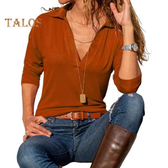 

Женские топы с лацканами, V-образным вырезом, длинным рукавом, свободный крой, однотонные повседневные теплые удобные блузки M оранжевый