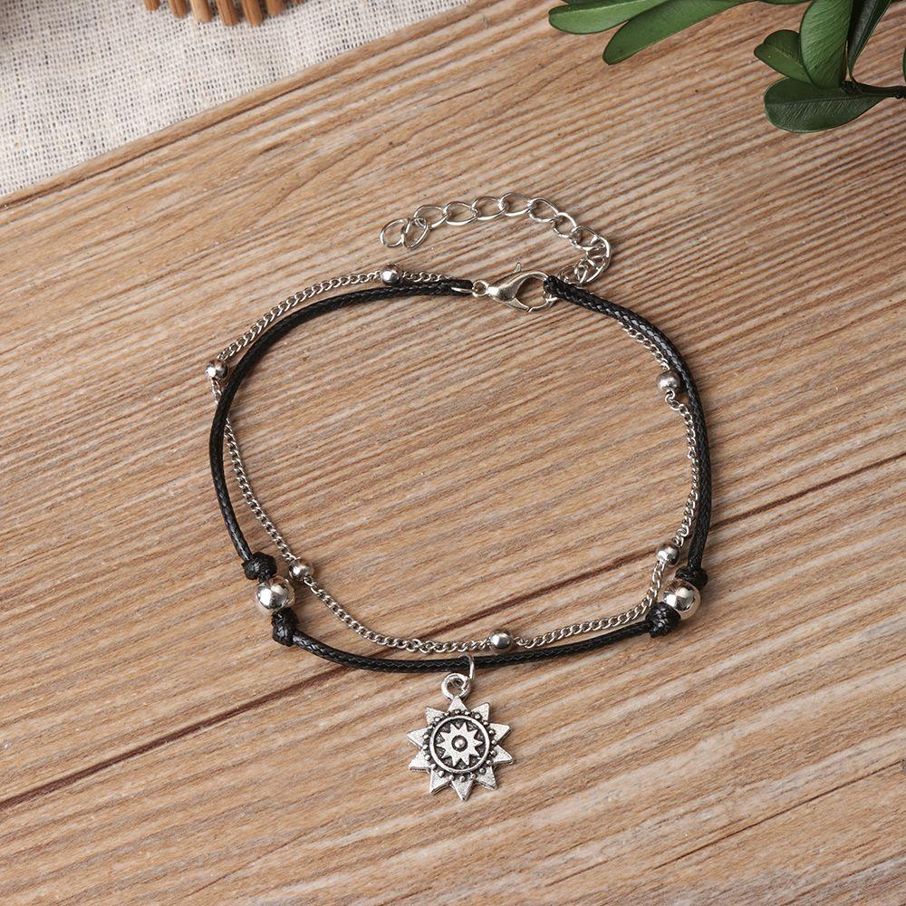 Vintage Bohemian Leather Women Summer Beach Sun Pendant Anklets Foot Chain Beads Charm