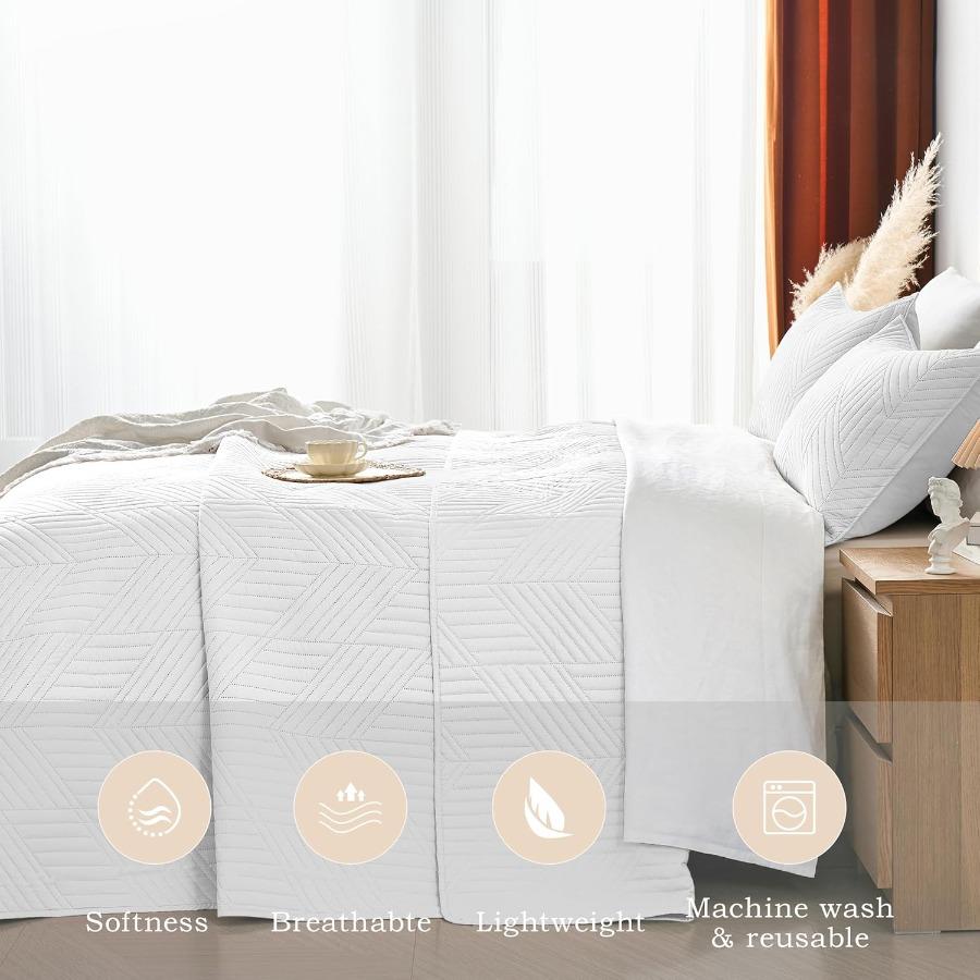 White Ultrasonic Full Queen Quilt Set Reversible Microfiber Bedspread Lightweight Soft Modern Geometric Coverlet Set for All Se