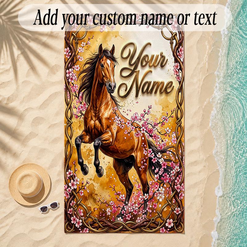 Horse Theme Soft Beach Towel Personalized Custom Name Text Towel Portable for Beach Pool Travel