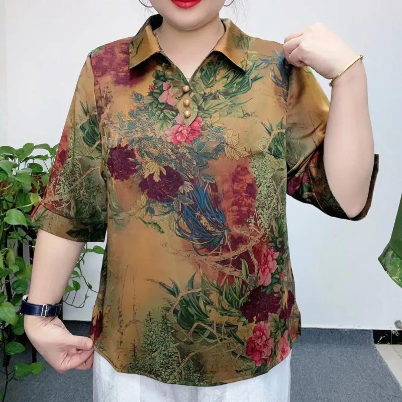 Womens Floral Print Polo Collar Half Sleeve Blouse