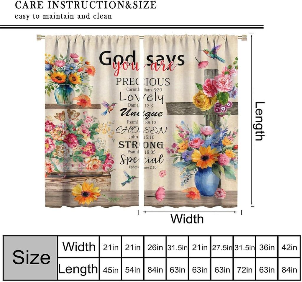 Birds Bible Verse Kitchen Curtains, Christian Rustic Flower Cross Scripture Quote Hummingbird Window Drapes For Bedroom