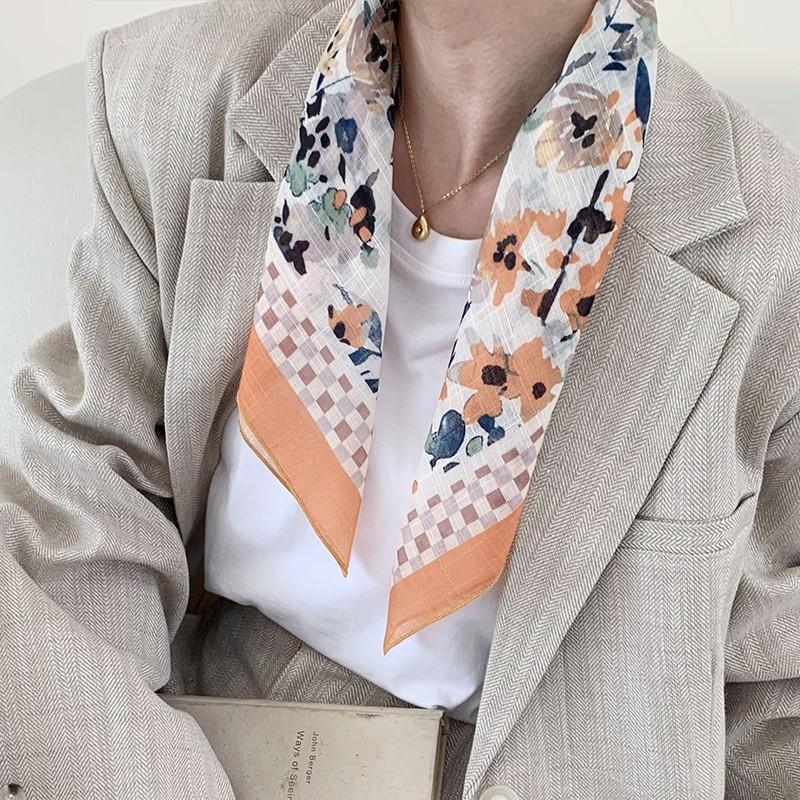 Eșarfă mică pătrată retro de țară, eșarfă artistică franțuzească din bumbac și in, eșarfă de cap pentru femei de primăvară și toamnă, vară, pentru umbră și protecție solară