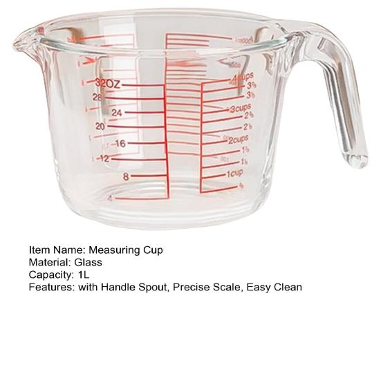 1L Glasmessbecher mit Griff Ausguss Präzise Skala Hitzebeständig Kochen Backen Flüssigkeit Mehl Pulver Messbecher Küchenhelfer