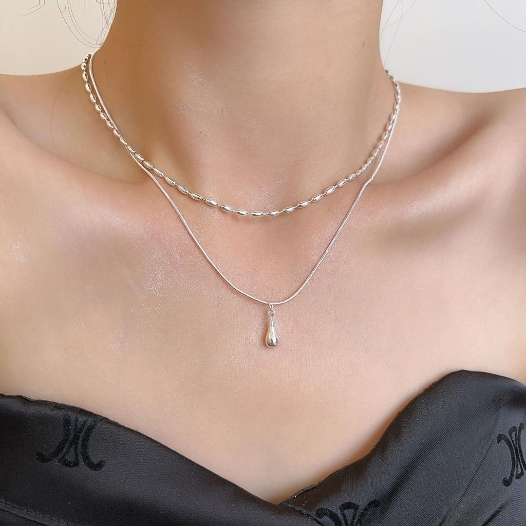 Cold Wind Double-layer Small Rice Grain Water Drop Necklace Women's 2024 New Simple Stacked Collarbone Chain Simple Neck Chain Accessories