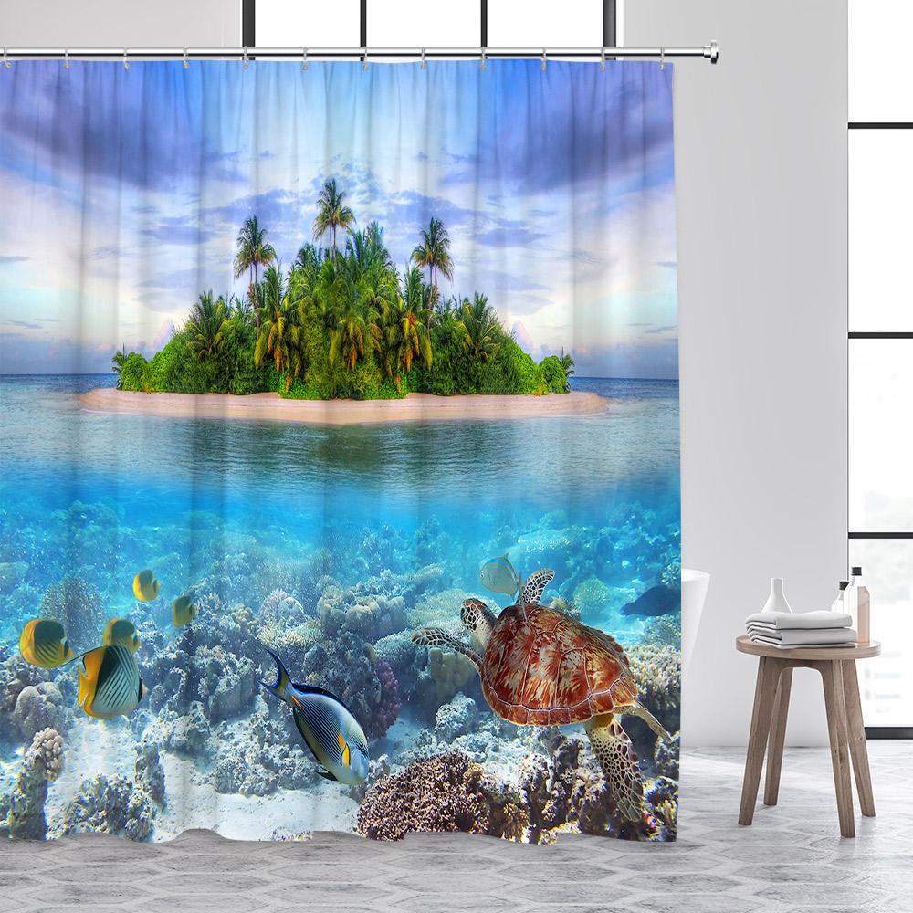 Strand Duschvorhänge Blaues Meer Insel Kokospalmen Tropisch Hawaii Natur Landschaft Badezimmervorhang Dekor mit Haken