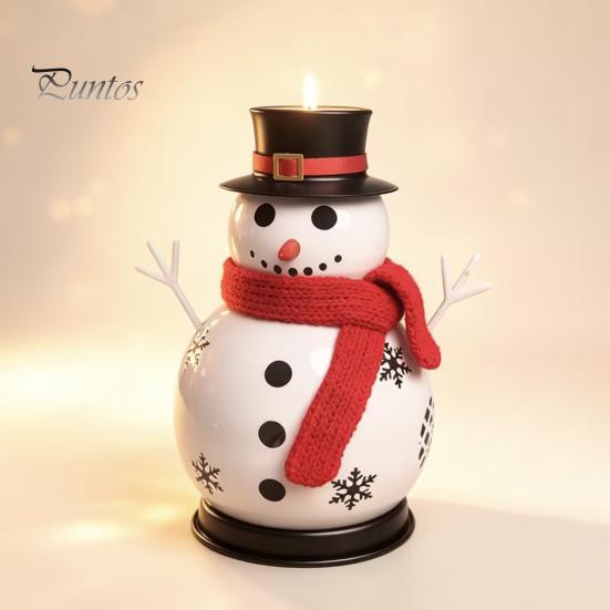 Table Fireplace Entrance Decor Christmas Snowman Candle Holder, Decorative Metal Candlestick Ornament with Top Seasonal Holiday Display Hat And Scarf
