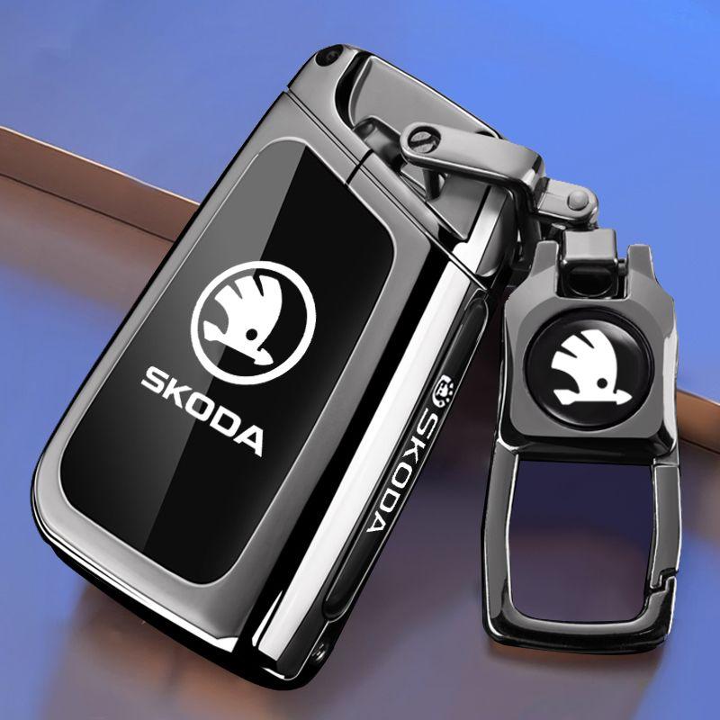 AEU1 For Skoda Octavia Kodiaq Karoq Protector Key chain Accessories Zinc Alloy Leather Car Remote Key Case Fob Cover Holder Shell