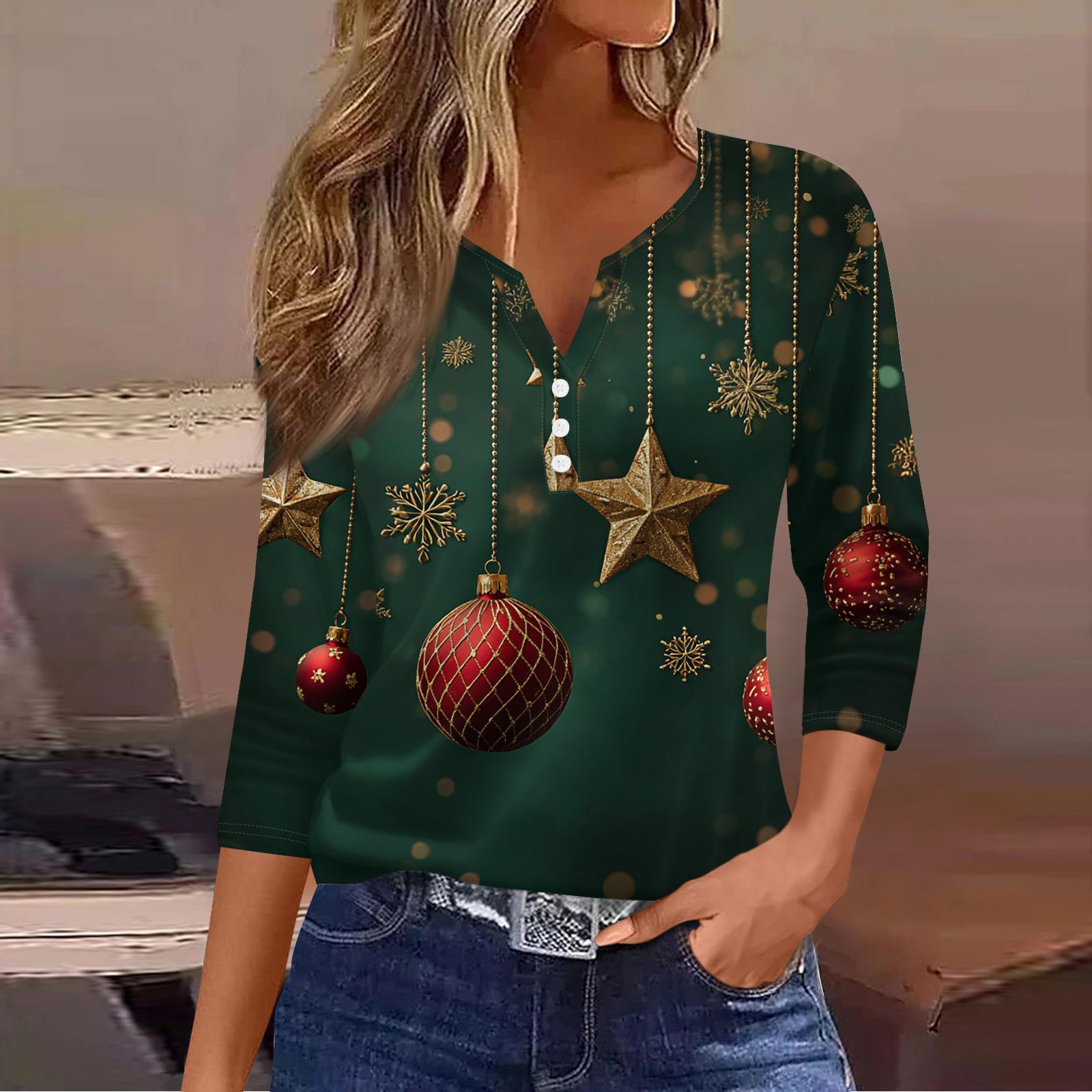 

Женская модная повседневная футболка с принтом рождественской елки, V-образным вырезом, декоративными пуговицами и рукавом три четверти XXXL