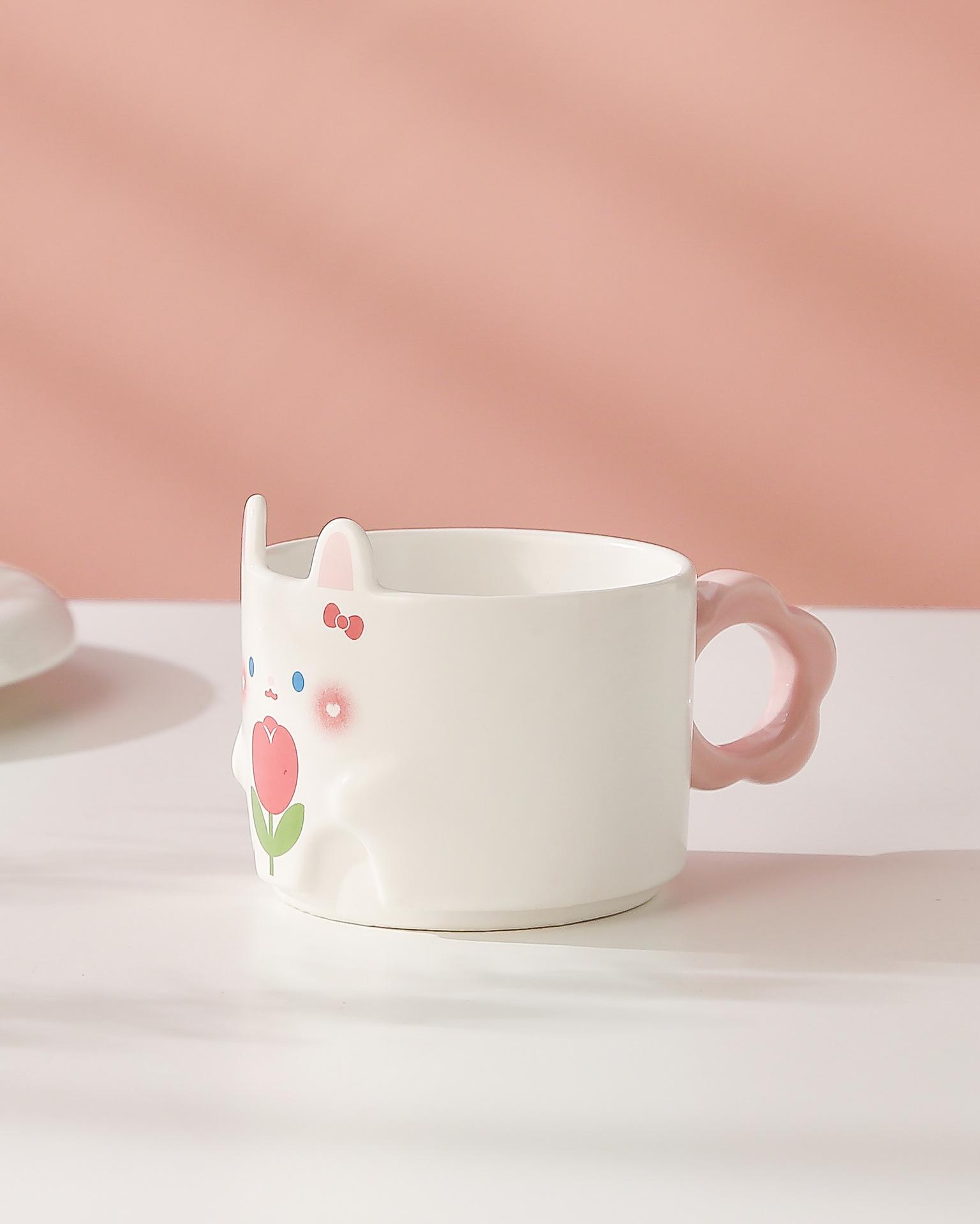 

320M керамические чашки с мультяшными кроличьими ушками, милые чашки с мультяшными животными, креативные сложенные чашки с ручками-цветами, кружки для украшения дома 320ML розовый